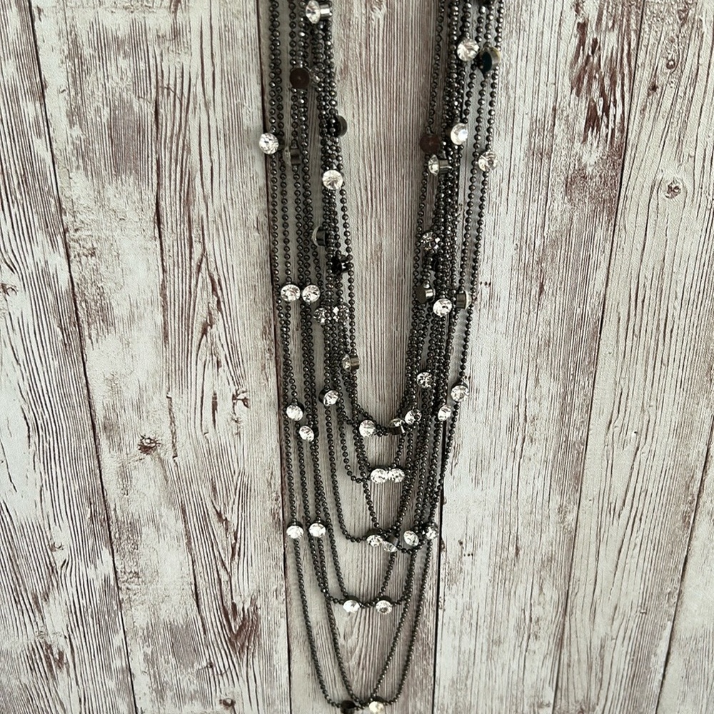 Statement Necklace Multi-Strand Layered Gunmetal Rhinestone Chain Glam